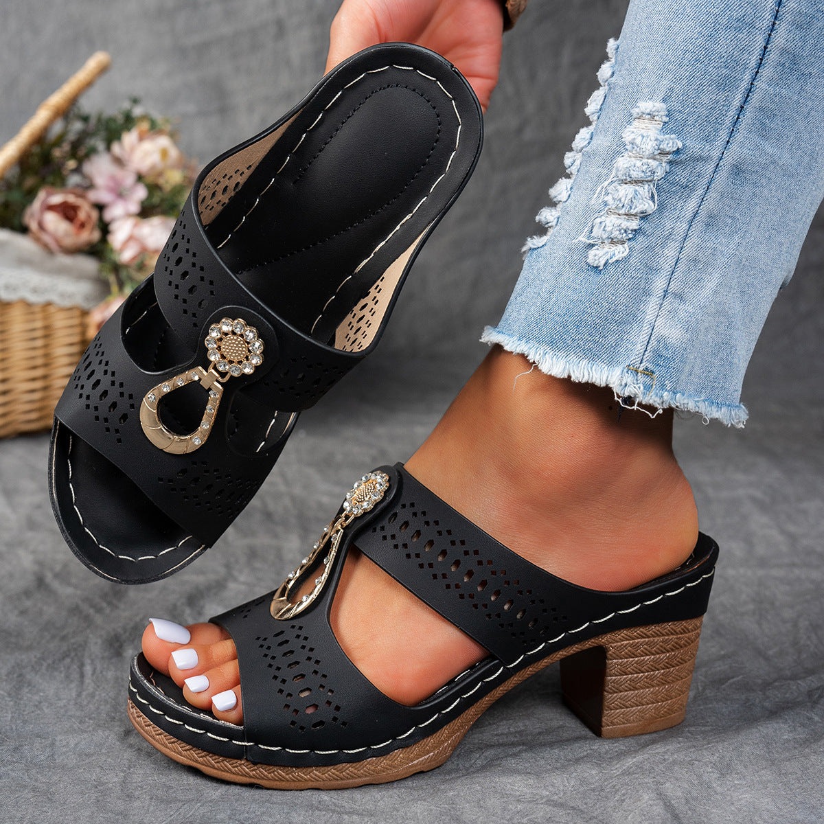 Women's Orthopedic Rhinestone Low Heel Sandals