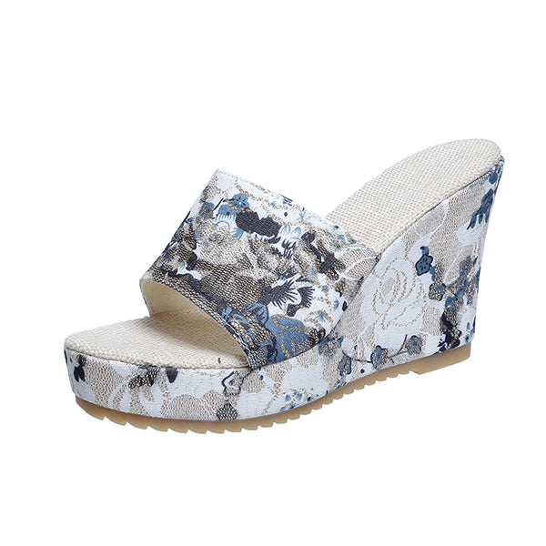 Women's Vintage Floral Peep Toe Slingback Wedge Sandals