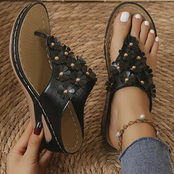 Comfortable Leather Floral Decor Wedge Sandals for Women