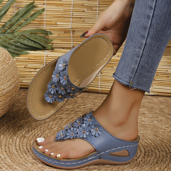 Comfortable Leather Floral Decor Wedge Sandals for Women