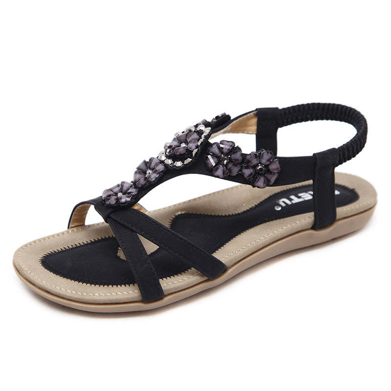 Women's Casual Rhinestone Flower Flat Beach Sandals