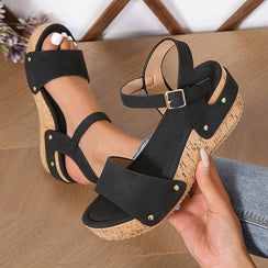 Comfortable Leather Retro Buckle Wedge Sandals for Women