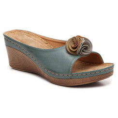 Women's Comfy Leather Floral Strap Wedge Sandals