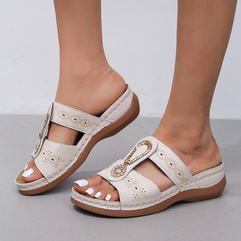 Elegant Rhinestone Low Heel Slip-On Slippers for Women