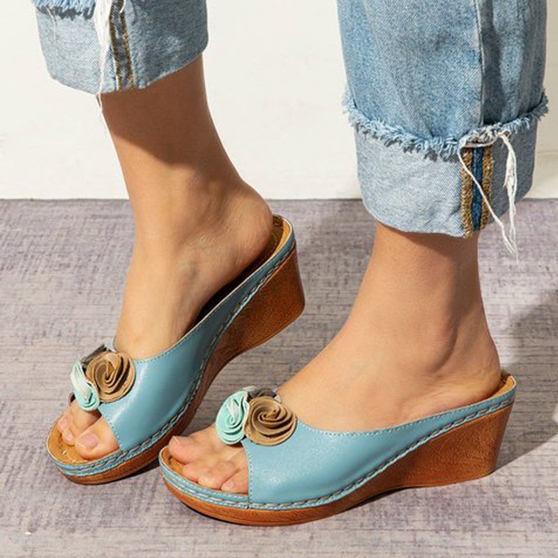 Women's Comfy Leather Floral Strap Wedge Sandals