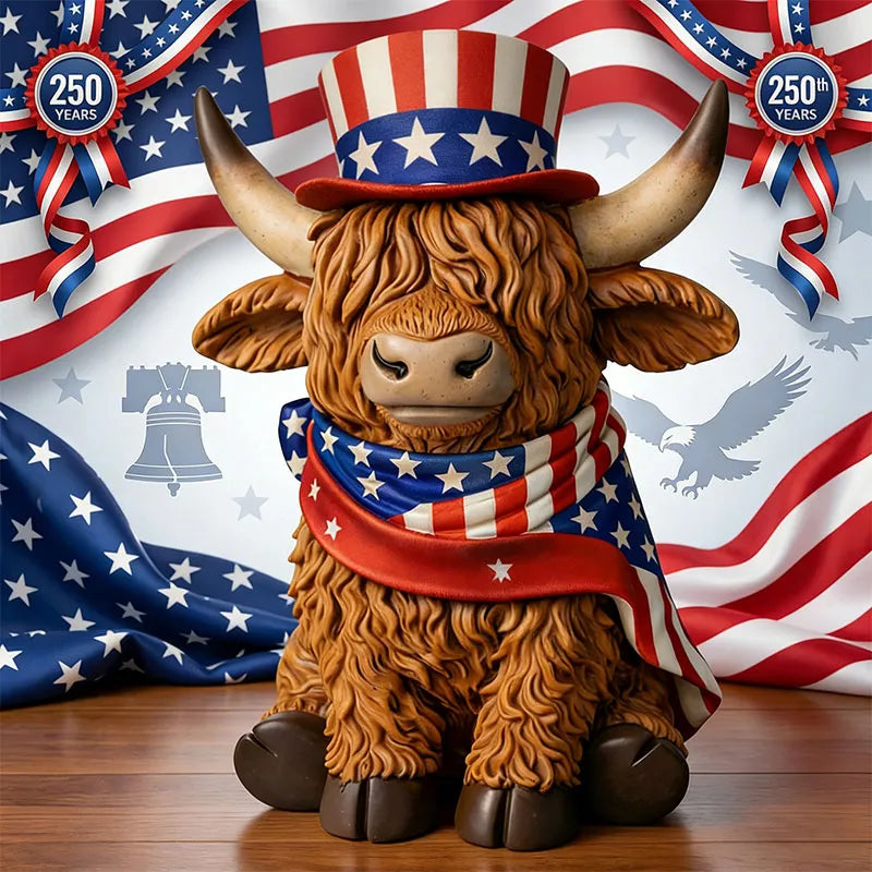 Patriotic 250th Anniversary Highland Cow Figurine Tribute