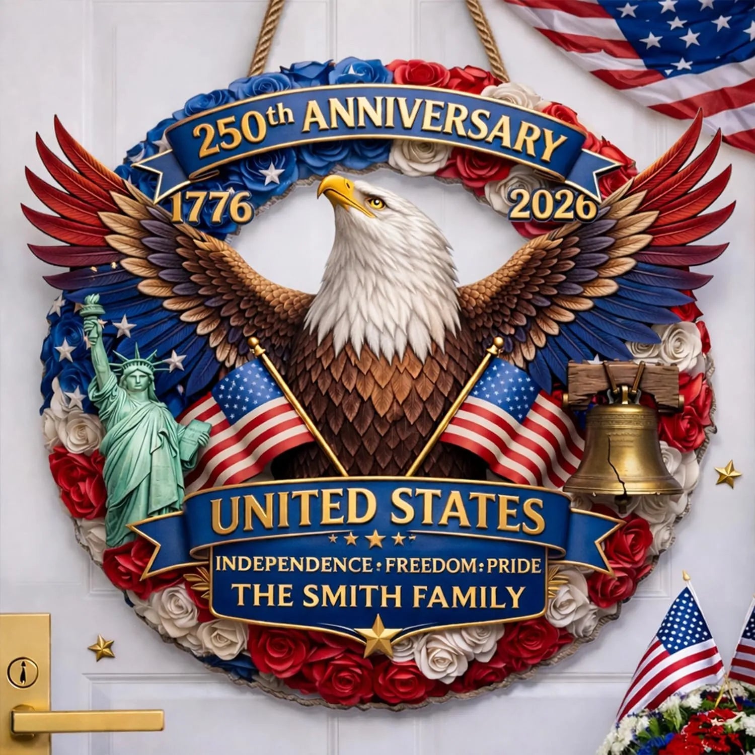 Patriotic Red White Blue U.S. 250th Anniversary Wreath