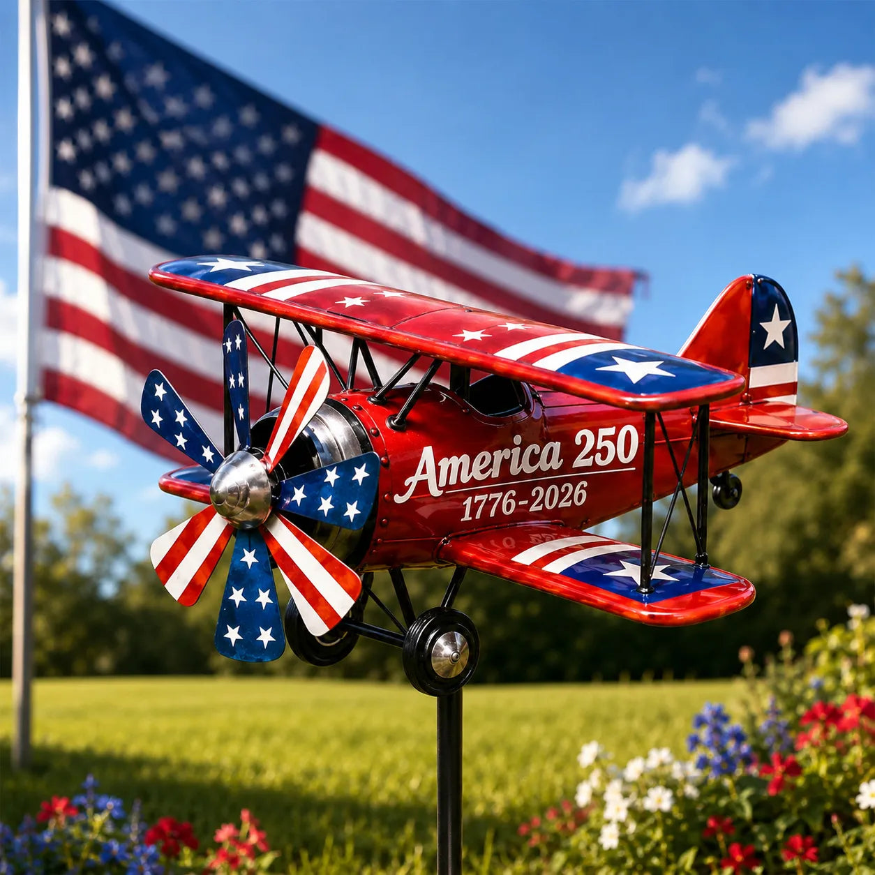 USA 250th Anniversary Biplane Yard Wind Spinner Sign