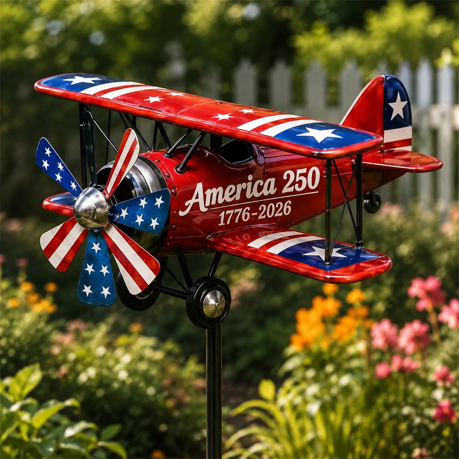 USA 250th Anniversary Biplane Yard Wind Spinner Sign