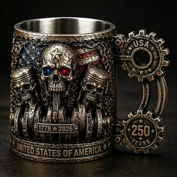 USA 250th Anniversary Patriotic Engine Skull Mug