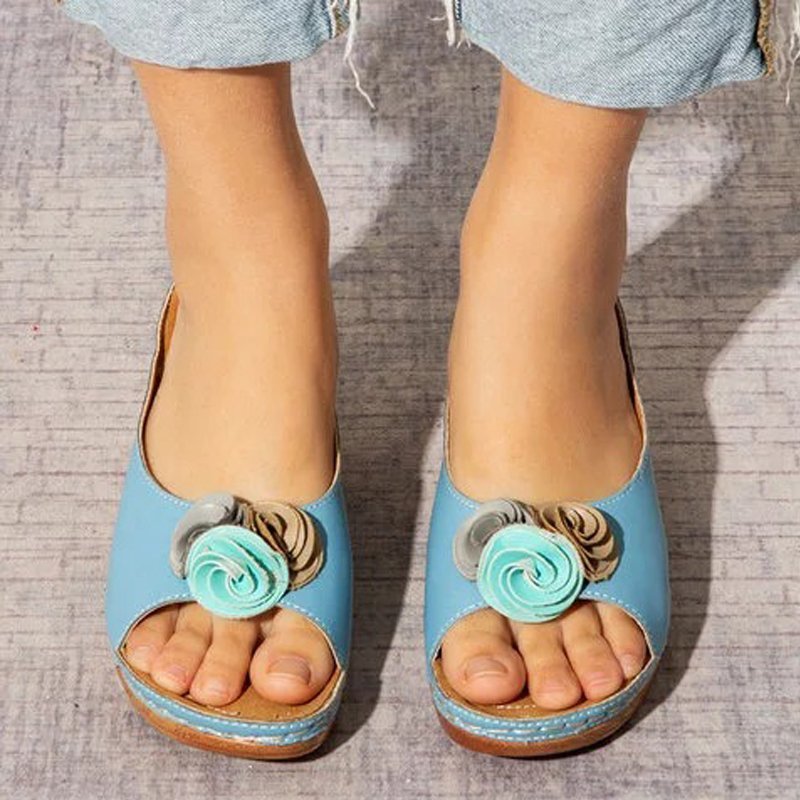 Women's Comfy Leather Floral Strap Wedge Sandals