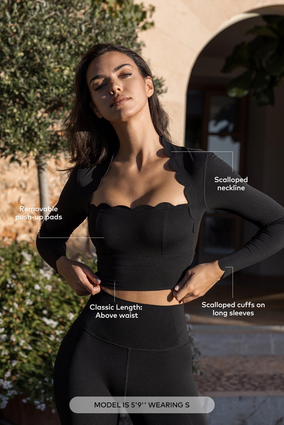 Women's Scallop Trim Cropped Long Sleeve Top